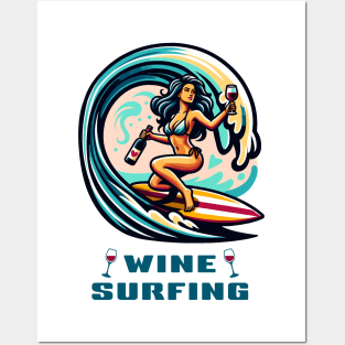 Wine Surfing funny t-shirt surfer woman in gorgeous bikini rides an ocean wave holding a wine bottle and a glass of wine Posters and Art